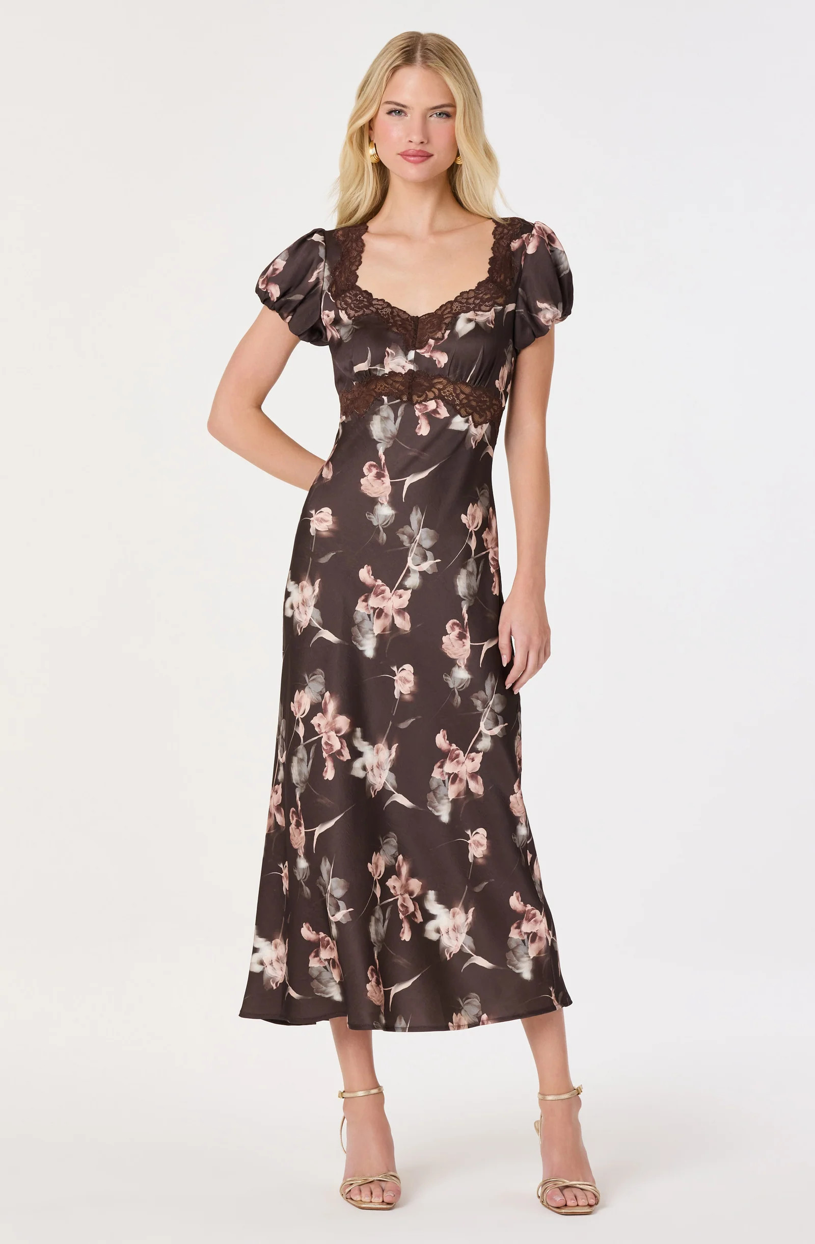 Almandina Puff Sleeve Satin Midi Dress - Brown floral / XS | ASTR The Label (US)