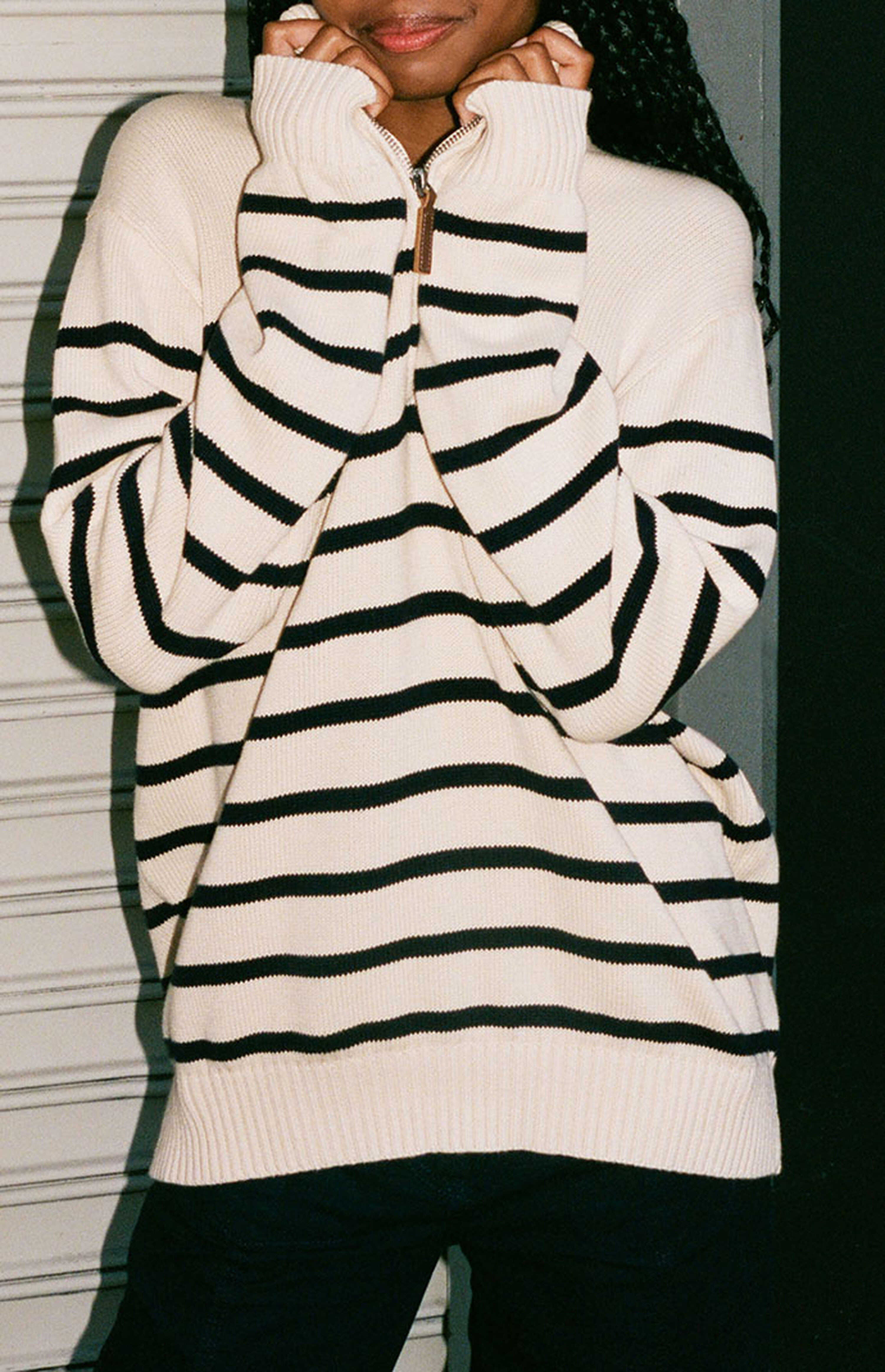 John Galt White & Navy Striped Quarter Zip Sweater | PacSun
