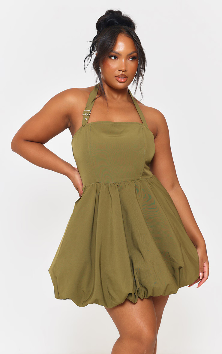 Plus Khaki Buckle Halterneck Puffball Mini Dress | PrettyLittleThing UK