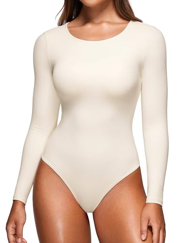 CRZ YOGA Butterluxe Long Sleeve Bodysuit for Women Crew Neck Tops Sexy Thong Bodysuits Breathable Stretchy White Apricot X-Large | Amazon (US)