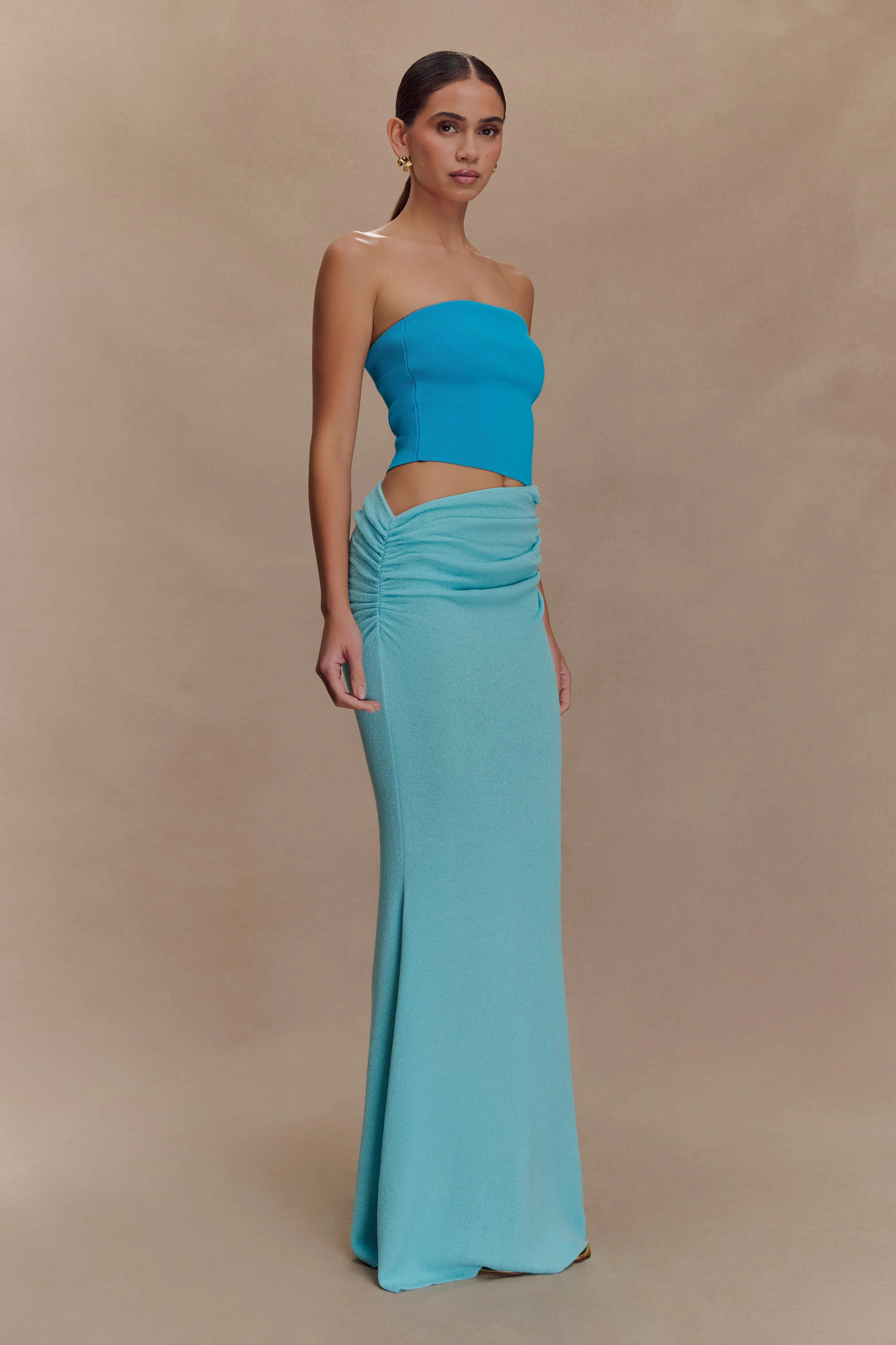 Strapless Knit Maxi Dress - Cyan Blue | MESHKI US