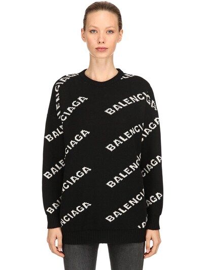 BALENCIAGA, Oversized sweater aus wolljacquard mit logo, Schwarz/weiß, Luisaviaroma | Luisaviaroma