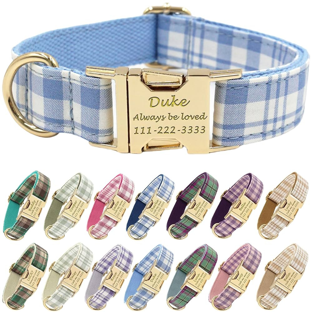 PETDURO Personalized Dog Collar Sky Blue Plaid for Large Medium Dogs | Engraved Name and Phone Nu... | Amazon (US)