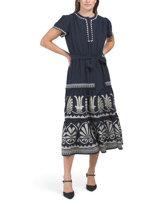 Linen Embroidered Tiered Midi Dress | TJ Maxx