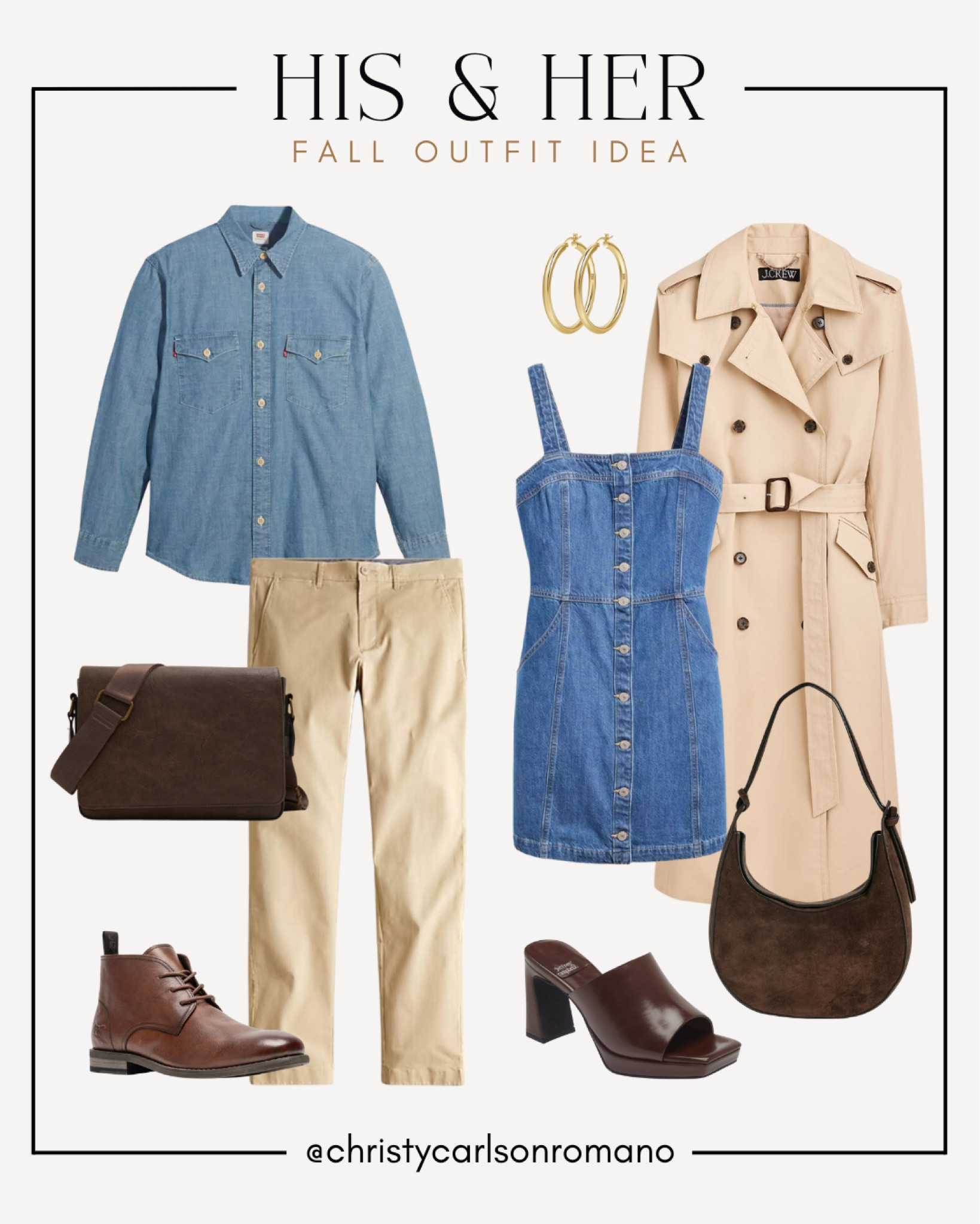 Check out this His & Her coordinated styling that's perfect for a brunch date or a romantic date night. Shop the denim jacket, khaki pants, messenger bag, denim dress, trench coat, hoop earrings, and matching accessories now!
#denimondenim #fallfashion #couplegoals #autumnstyle

#LTKSeasonal #LTKShoeCrush #LTKStyleTip