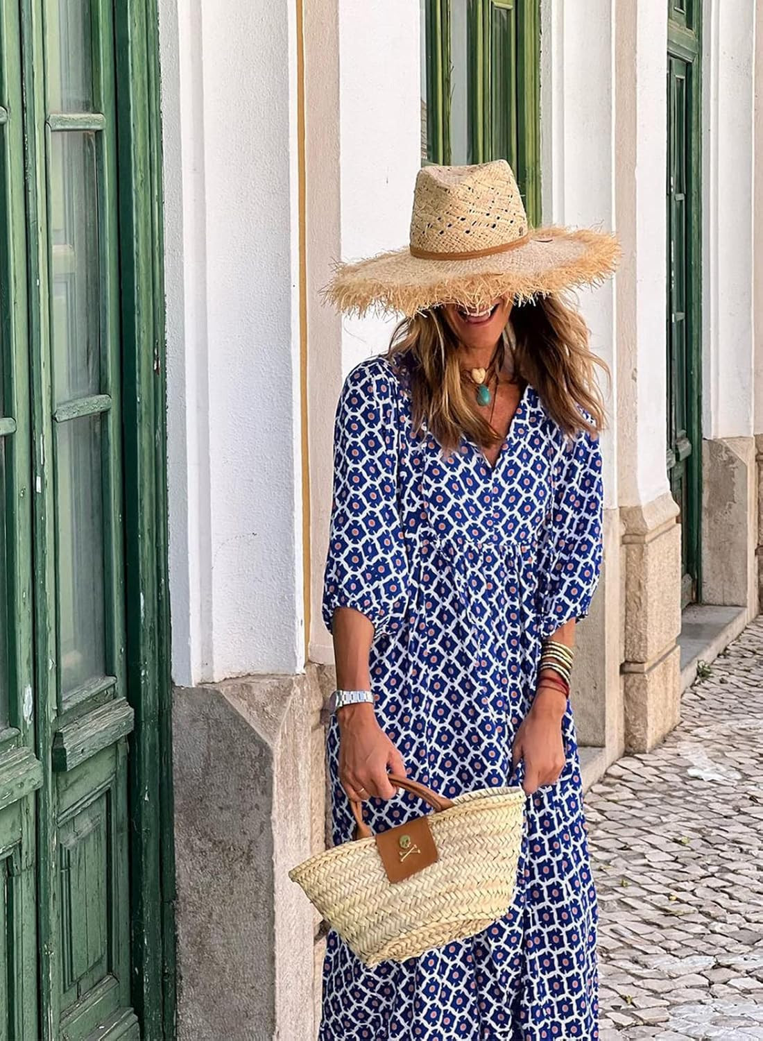 miduo Womens Loose Fit Casual Summer V Neck Half Sleeve Bohemian Geometric Pattern Maxi Long Dres... | Amazon (US)