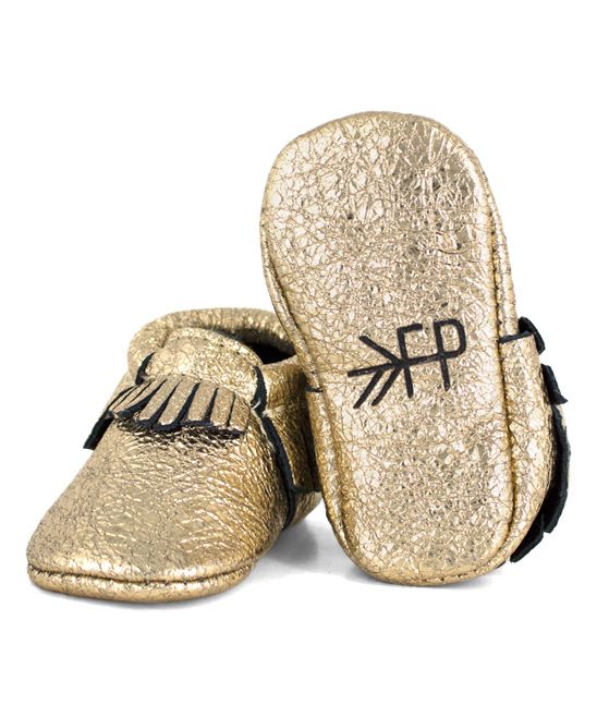 Freshly Picked Girls' Infant Booties and Crib Shoes Metallized - Gold Leather Moccasin - Girls | Zulily