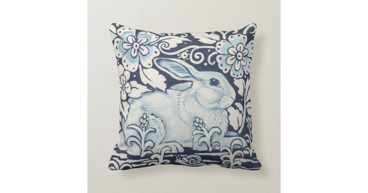 Rabbit in Garden with Flowers & Snail Navy Blue Throw Pillow | Zazzle.com | Zazzle