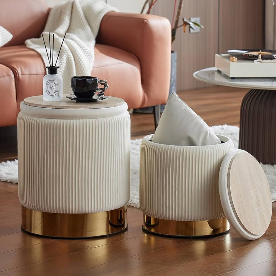 Round Ottoman with Storage Set of 2 Upholstered Ottoman Storage Coffee Table Multifunctional Foot... | Amazon (US)