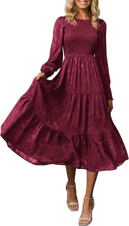 PRETTYGARDEN Women's Fall Midi Dress Long Sleeve Floral Smocked Elegant Wedding Guest Long Flowy ... | Amazon (US)