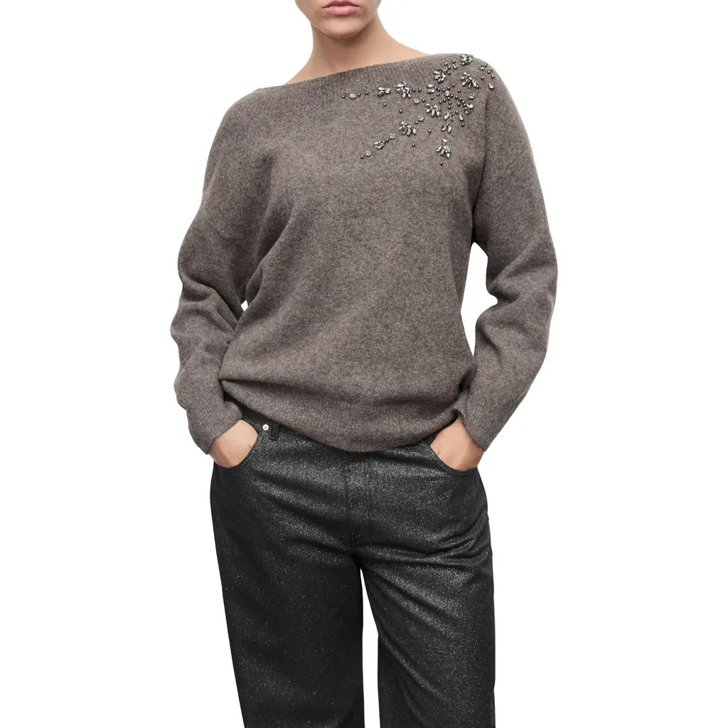 MANGO Crystal Detail Boat Neck Sweater in Medium Brown at Nordstrom | Nordstrom