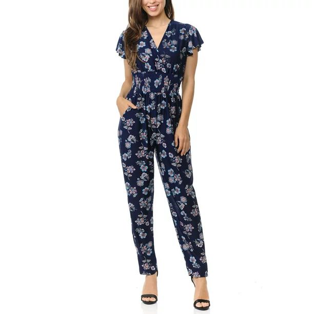 Auliné Collection Womens Short Cap Sleeve V-Neck Long Pants Romper Jumpsuit - Color Block Floral... | Walmart (US)