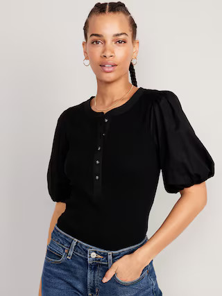 Fitted Puff-Sleeve Henley T-Shirt for Women | Old Navy (US)