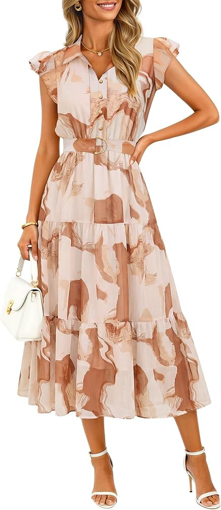 ZESICA Women's Summer Floral Midi Dress 2026 Casual Flutter Short Sleeve Chiffon Button Down Wedd... | Amazon (US)