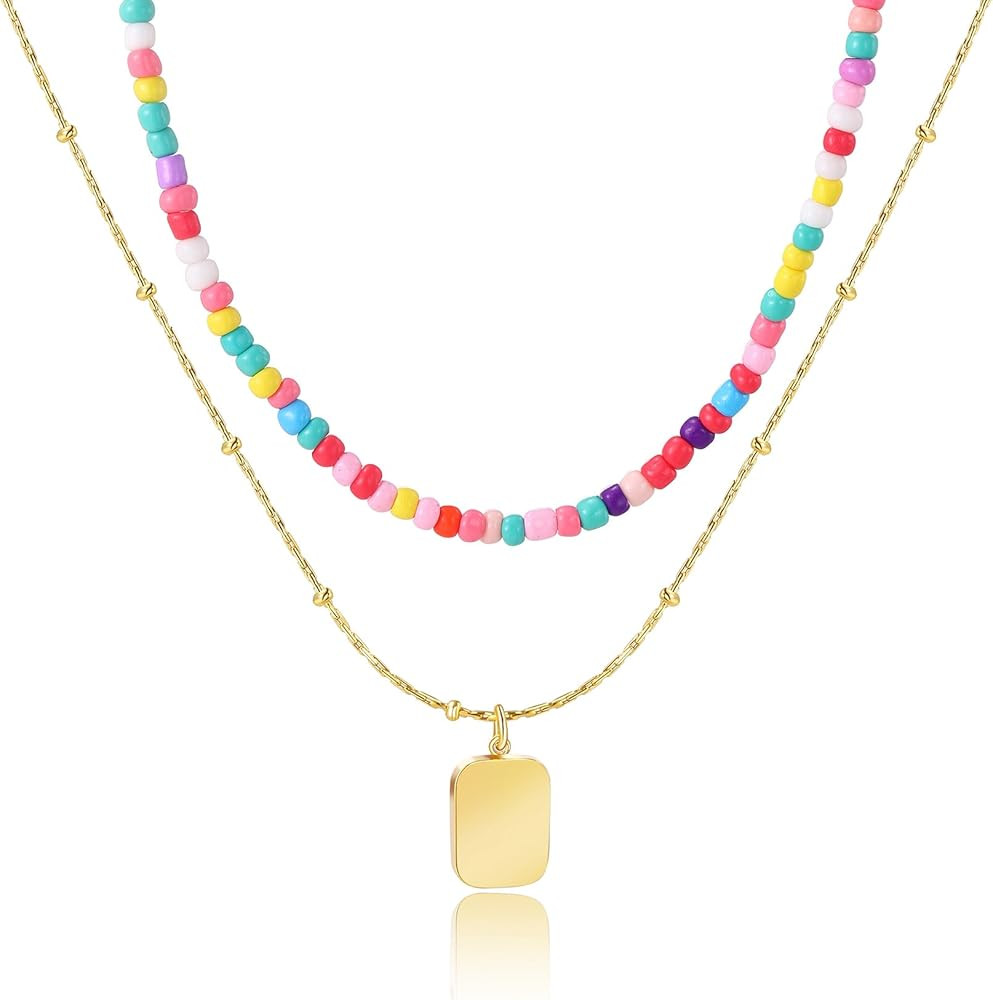 Colorful Beaded Necklace for Women - Trendy Boho Necklaces for Women Cute Boho Beach Jewelry Chok... | Amazon (US)