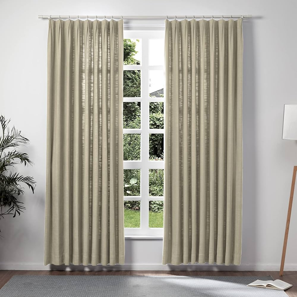 TWOPAGES Grey Beige Pinch Pleated Drape 84 Inch Length Linen Light Filtering Room Darkening Curtain  | Amazon (US)