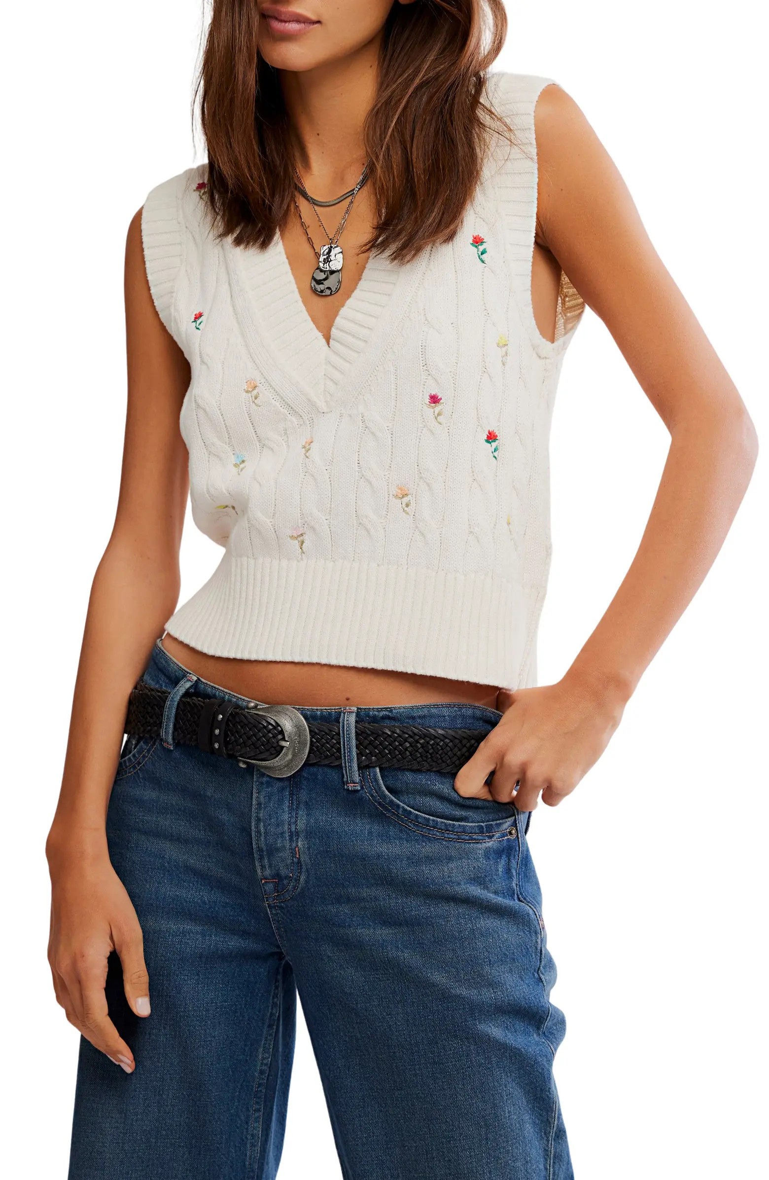 Free People Plumeria Floral Embroidered Cable Stitch Vest | Nordstrom | Nordstrom
