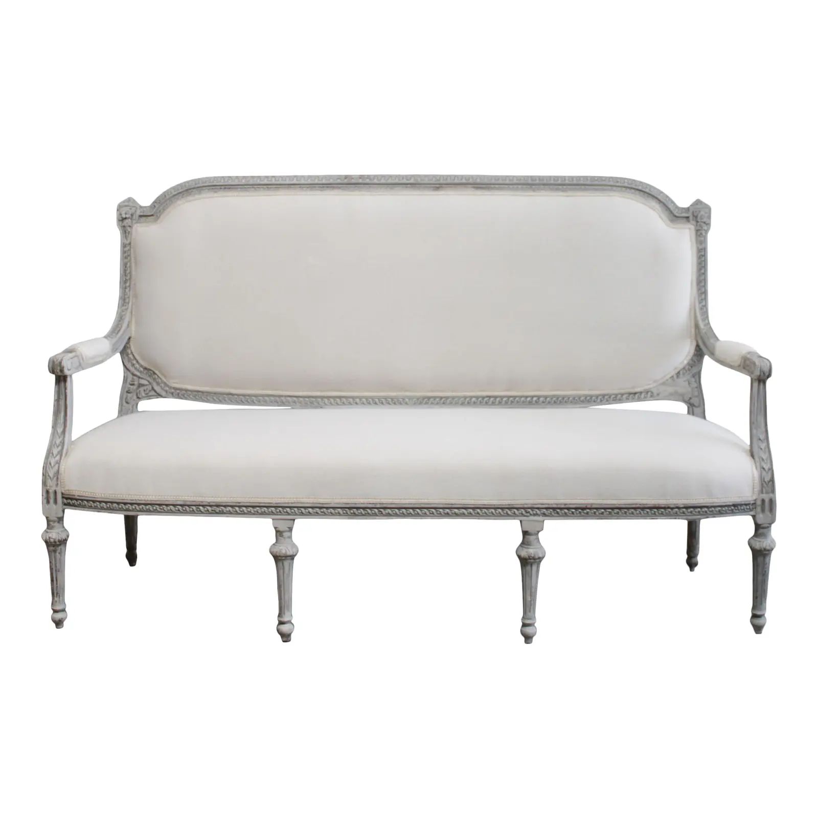 Vintage Painted and Upholstered Louis XVI Style Open Arm Sofa Settee | Chairish