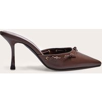 Chocolate Pu Point Toe Bow Mid Stiletto Heeled Court Mules | PrettyLittleThing US