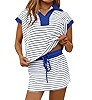 Fisoew Womens Striped 2 Piece Outfits Casual Sweatshirt Skirt Set Short Sleeve Skort Workout Set ... | Amazon (US)