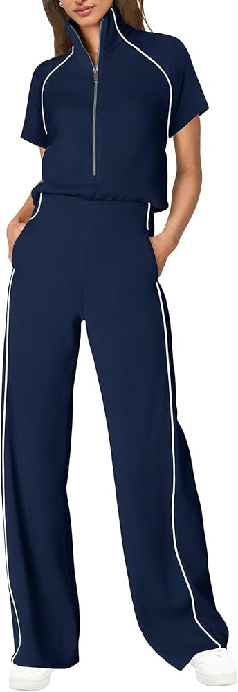 SENSERISE Womens Jumpsuits Dressy Casual Wide Leg Jumpsuit Short Sleeve One Piece Striped Lounge ... | Amazon (US)