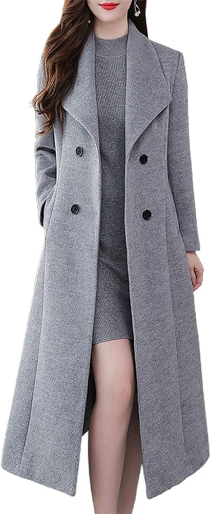 ebossy Women's Shawl Collar Double Breasted Below Knee Slim Wool Trench Long Coat | Amazon (US)