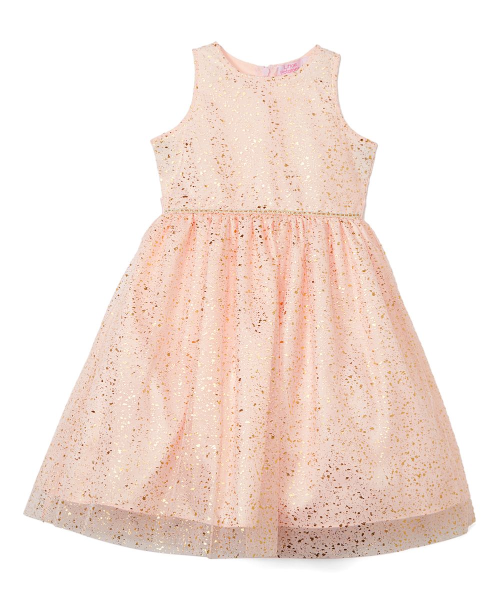 Littoe Potatoes Girls' Special Occasion Dresses Blush - Blush & Gold Speckled Sheer-Overlay Sleevele | Zulily