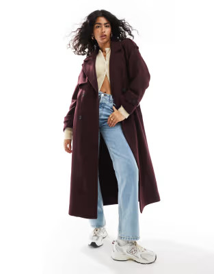 Bershka wool maxi trench coat in burgundy | ASOS (Global)