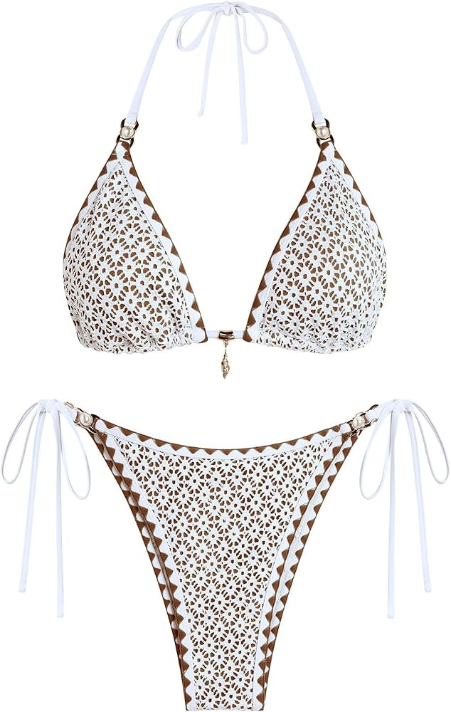 Amazon.com: ZAFUL Womens 2 Piece Triangle Bikini Hollow Out Halter Bikini Sets Sexy Bathing Suit ... | Amazon (US)