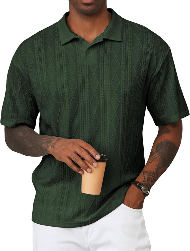 JMIERR Mens Polo Shirt Textured Knit Button Casual Short Sleeve Summer Vacation Beach Stretchy Go... | Amazon (US)