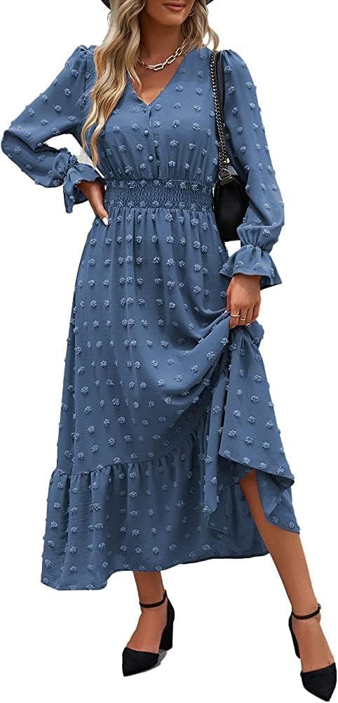 MASCOMODA Women Boho Maxi Dress 2023 Long Sleeve V Neck Swiss Dot Smocked High Waisted A-Line Ruf... | Amazon (US)