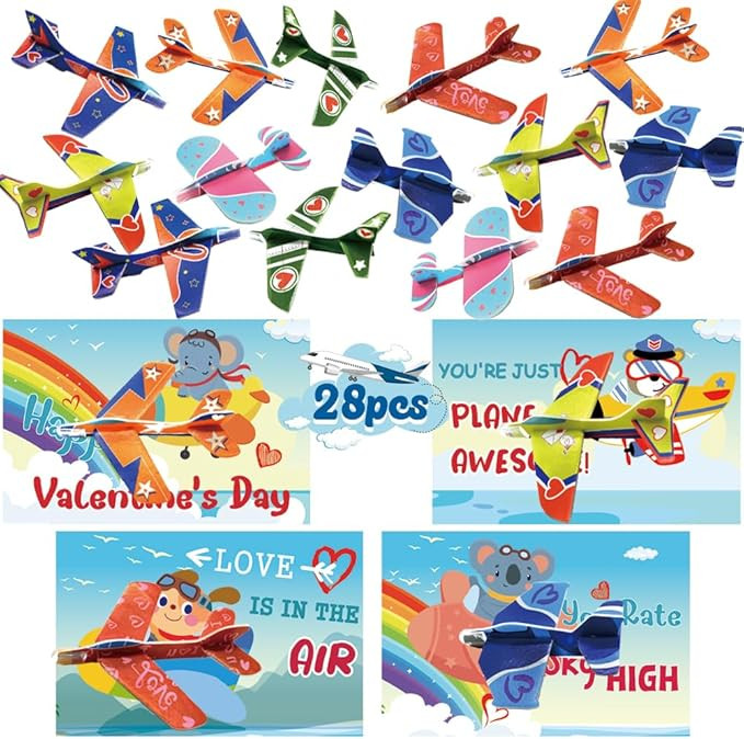 Valentines Day Cards for Kids, 28 Packs Valentine's Greeting Cards Sets with Foam Airplanes for K... | Amazon (US)