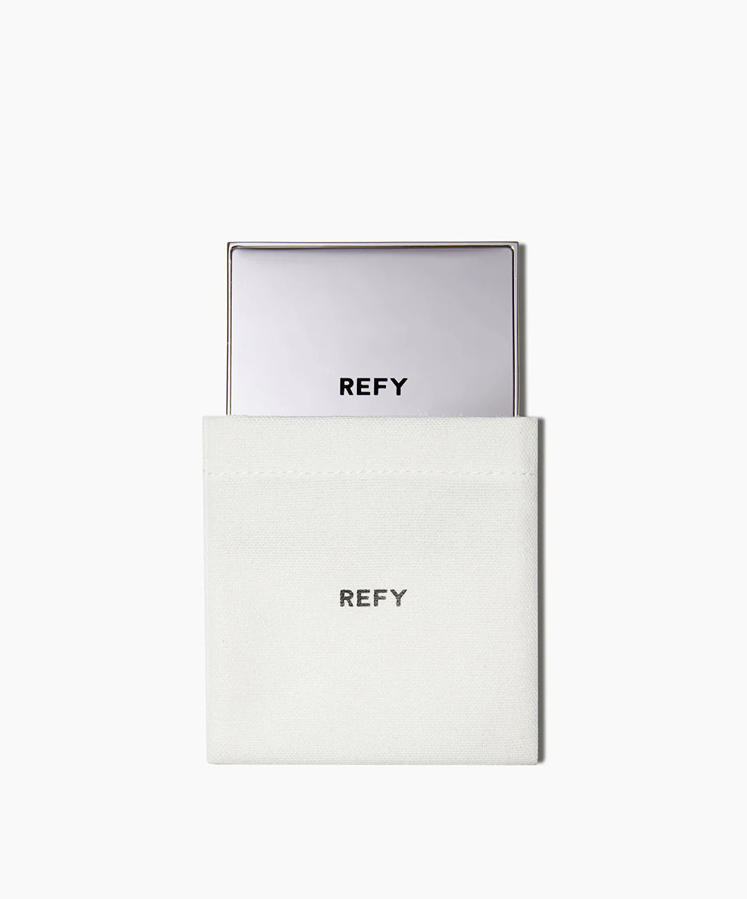 REFY Compact Mirror | Travel Mirror | Stainless Steel Compact Mirror | Silver | Includes Recycled Cotton Branded Dust Pouch | REFY Beauty