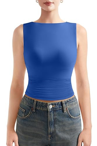 SUUKSESS Women Double Lined Sleeveless Going Out Basic Tank Tops Ruched Summer Casual T Shirts (Sapphire,X-Small) | Amazon (US)