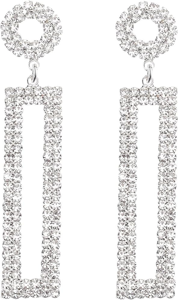 Rhinestone Long Drop Earrings Statement Rectangle Dangle with Circle Studs Fashion Jewelry | Amazon (US)