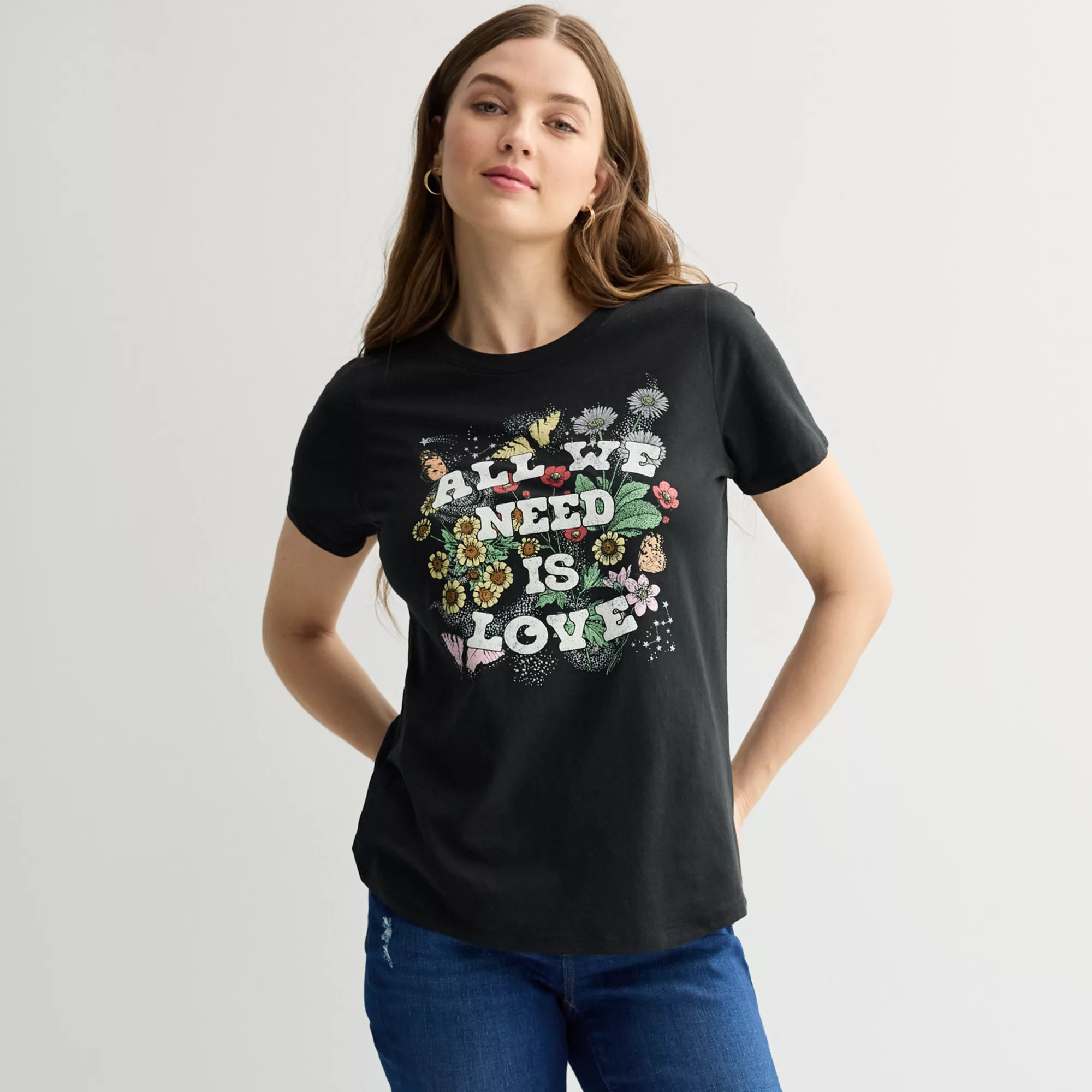 Women's All We Need Is Love Floral Background Graphic Tee | Kohl's
