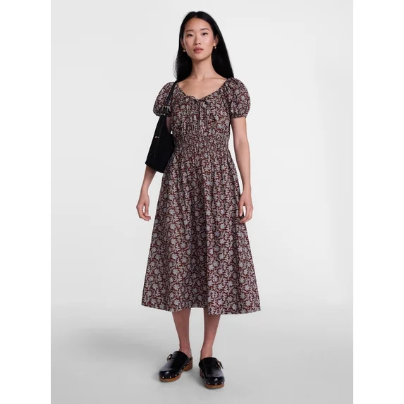 Scenario Women's and Women's Plus Smocked Waist Peasant Midi Dress with Puff Sleeves, Sizes XS-4X | Walmart (US)