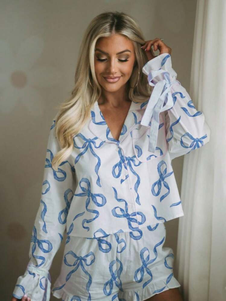 Women's Bow Print Pajama Set Long Sleeve Lapel Button Up Tops Shorts Sleepwear Sets | SHEIN