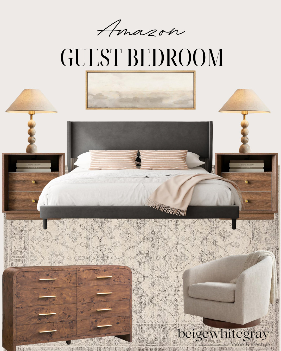 Amazon Guest Bedroom, guest bedroom ideas, amazon bedroom decor, guest bedroom inspiration, modern bedroom, neutral bedroom decor, cozy guest room, bedroom styling, wood nightstands, upholstered bed, bedroom rug, landscape wall art, table lamps, accent chair, wood dresser, affordable bedroom furniture, amazon home finds, bedroom makeover, warm neutral bedroom, modern traditional bedroom, bedroom design inspiration, home decor ideas

#LTKHome