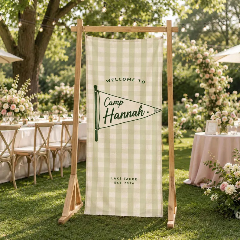 Personalized Camp Birthday Banner, Custom Name Summer Camp Welcome Sign, Green Gingham Party Back... | Etsy (Global)