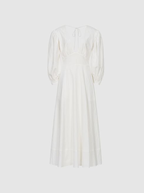 Reiss White Christie Puff Sleeve Plunge Midi Dress | Reiss (UK)