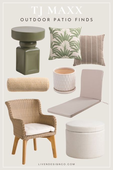 TJ Maxx outdoor patio decor. Patio furniture. Outdoor accent table. Outdoor pillows. Wicker chair. Planter pot. Spring decor. 

#LTKSeasonal #LTKHome #LTKStyleTip
