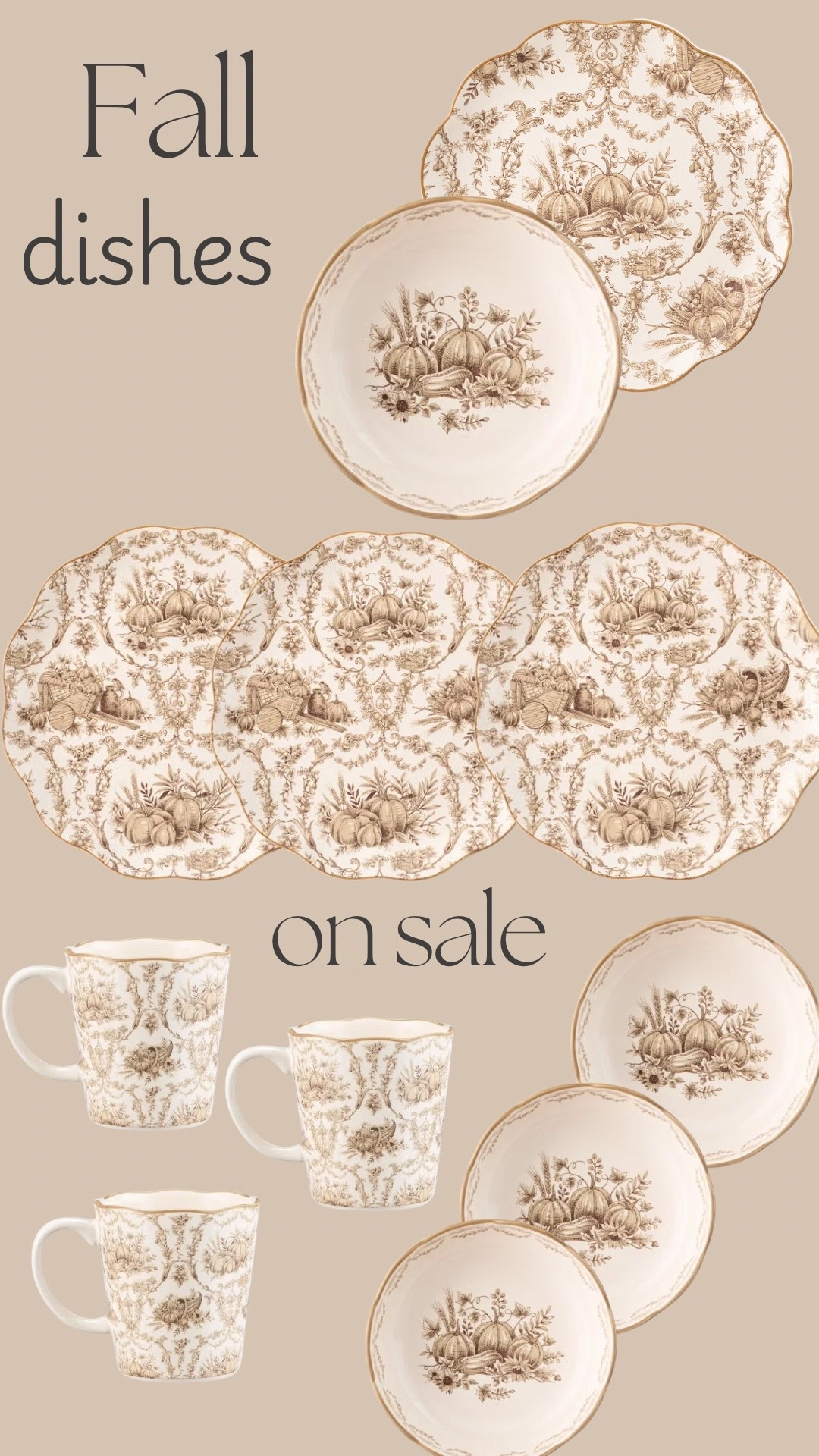 Fall dishes 
Brown dishes 
Fall Kitchen 
Fall Decor 
Tan toile 
Toile dishes 
Thanksgiving dishes

#LTKSeasonal #LTKHome #LTKSaleAlert