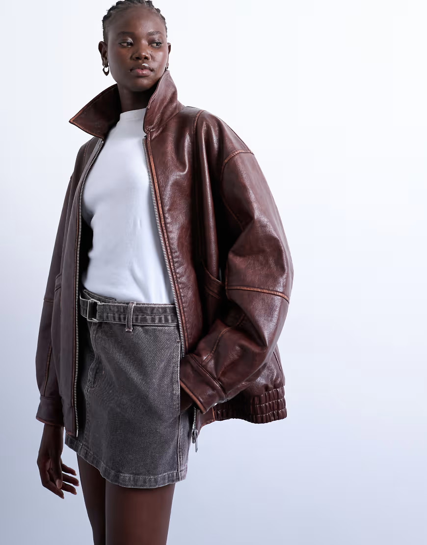 Topshop super oversized faux leather contrast heavy wash bomber jacket in brown | ASOS (Global)