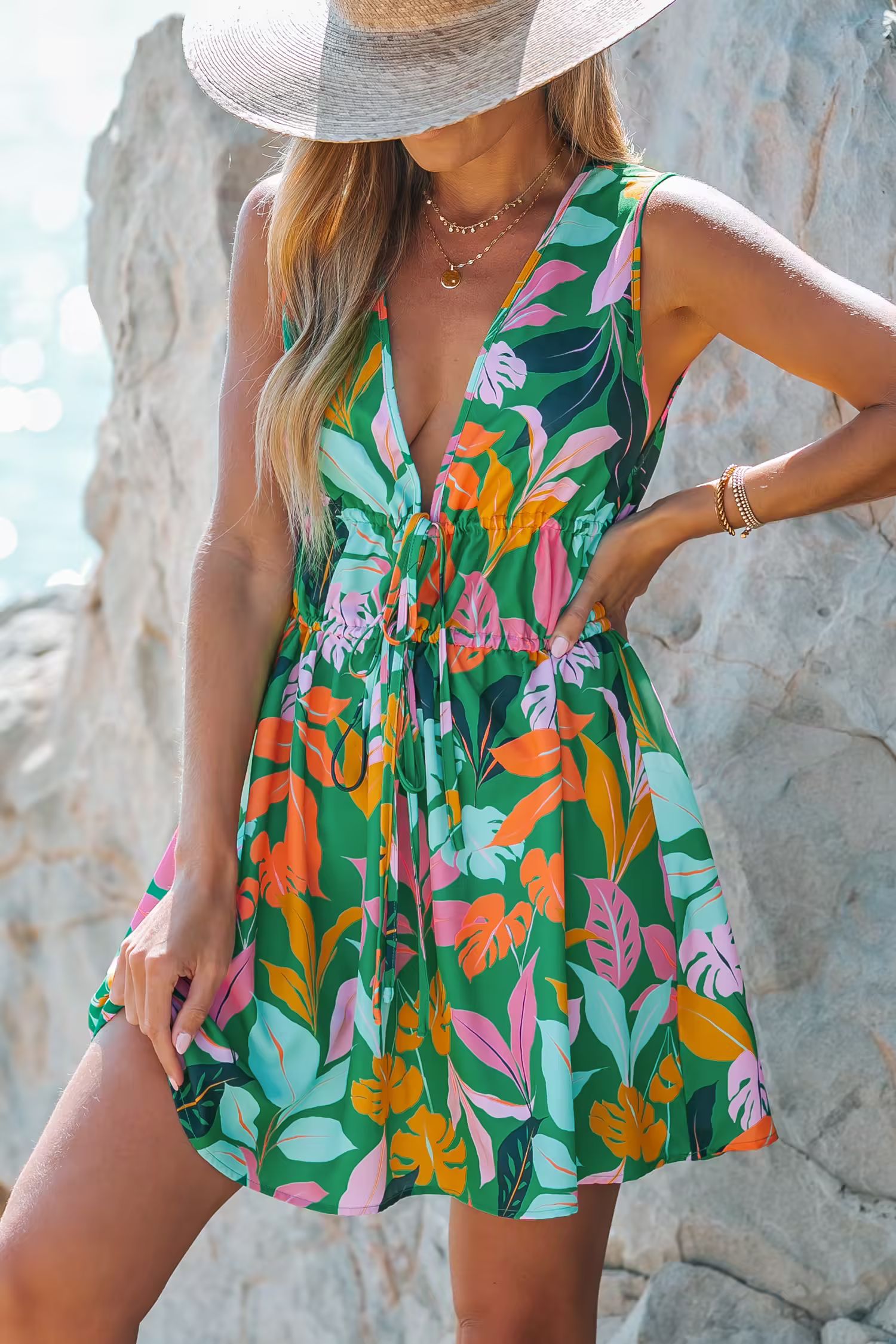 Tropical Leaf Print Plunge Mini Dress | Cupshe US