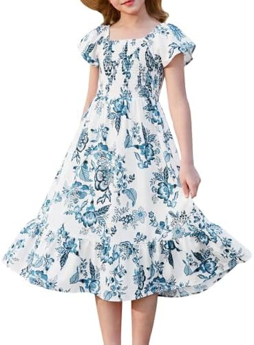 Haloumoning Girls Summer Dresses Kids Square Neck Ruffle Sleeve Smocked Midi Dress with Pockets 5... | Amazon (US)