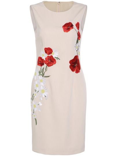Apricot Round Neck Sleeveless Embroidered Dress | SHEIN