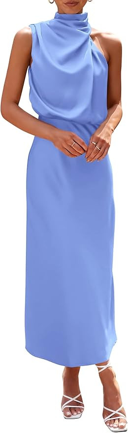 PRETTYGARDEN Women's 2026 Summer Satin Dress Elegant Sleeveless Mock Neck Cocktail Party Maxi Dre... | Amazon (US)
