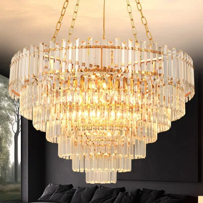 Gold Round Crystal Chandelier, Gold Metal Frame with K9 Crystal, Adjustable Hanging Chain, Modern Luxury Pendant Light for Dining Room Living Room Foy | Wayfair North America