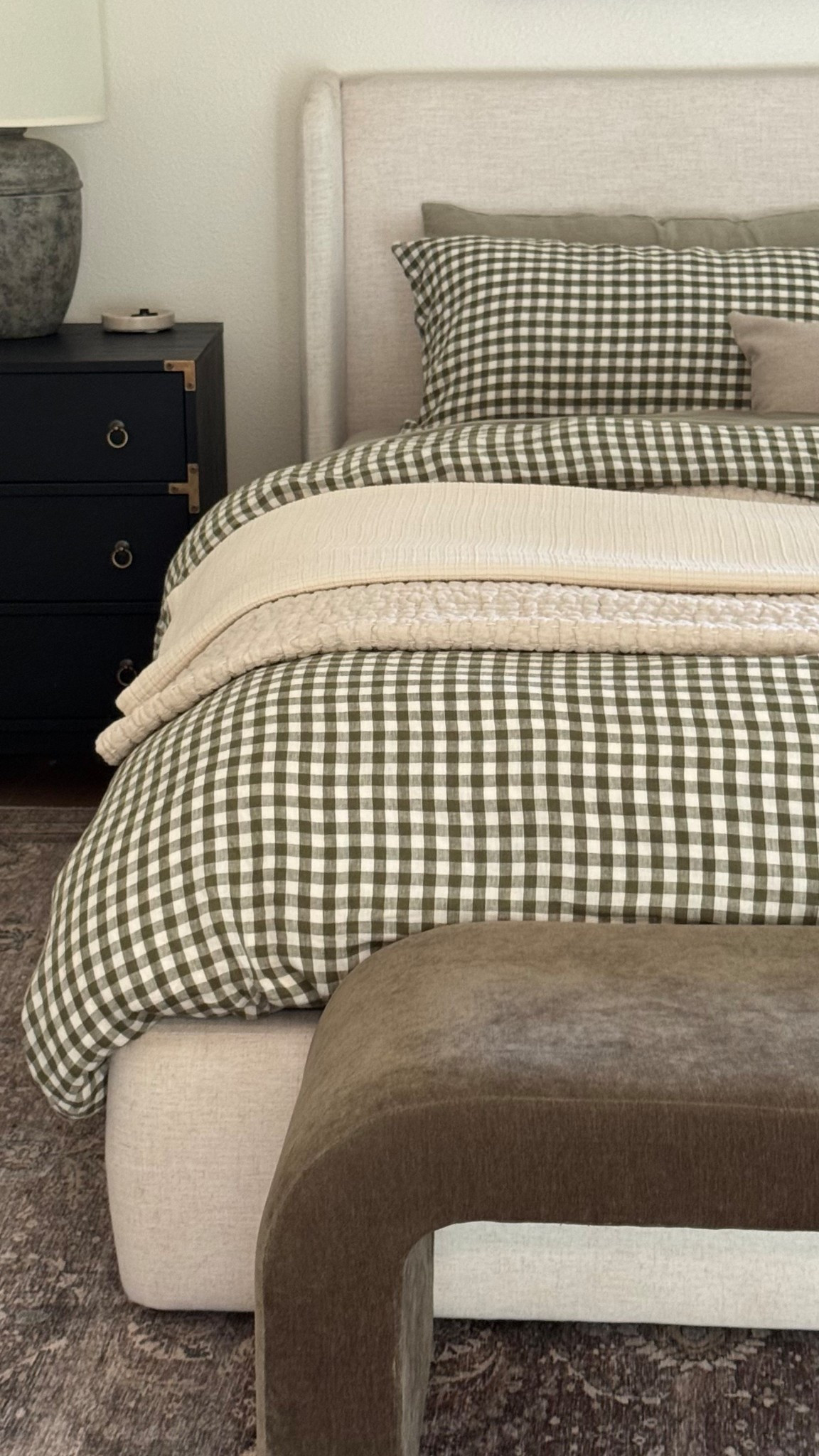 Bedroom bedding details:
Olive green gingham duvet cover
Willowleaf European linen sheets 
Ivory organic cotton coverlet
 Natural European Linen/Cotton Quilt
